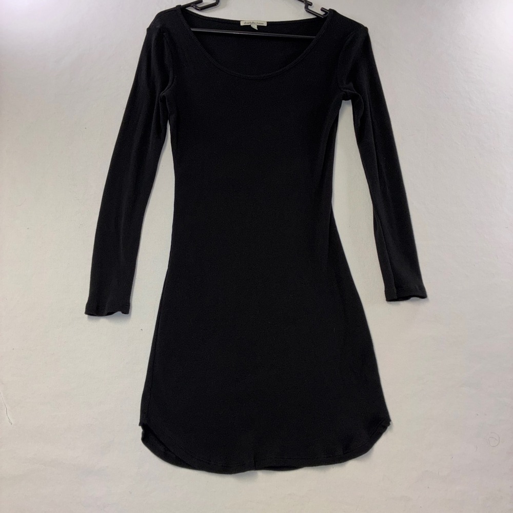 606 Minimalist Charlotte Russe Mini Dress M Black Ribbed Long Sleeve Bodycon Y2K